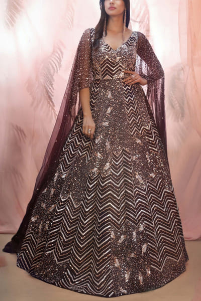 Wine embroidered gown