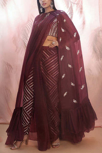 Wine embellished sari set