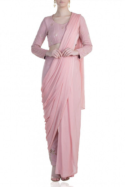 Pink embroidered pant sari set