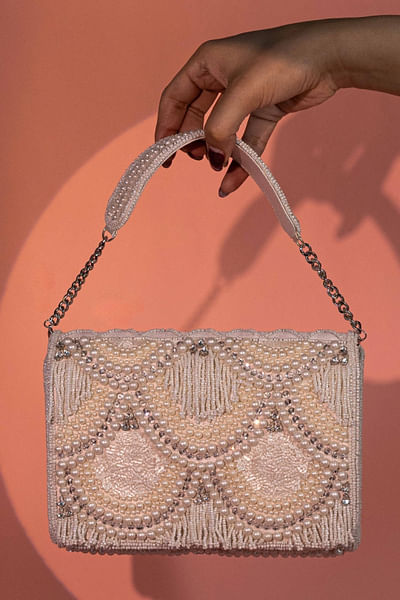 Ivory pearl and bead embroidered handbag