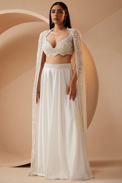 White embroidered cape and lehenga set