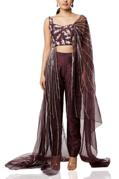 Wine embroidered pant set