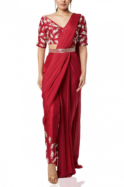 Red embellished pant sari set