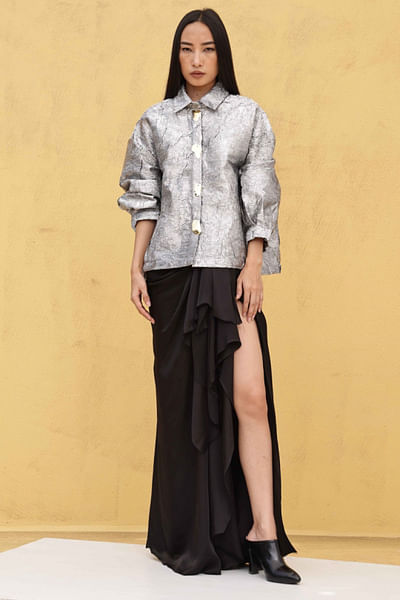 Silver crushed shirt and drape skirt set
