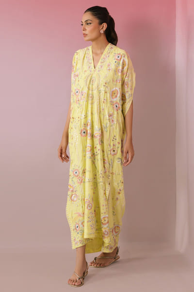 Misha Lakhani Butter yellow embroidered khadi silk kaftan MISHMAY26D444259