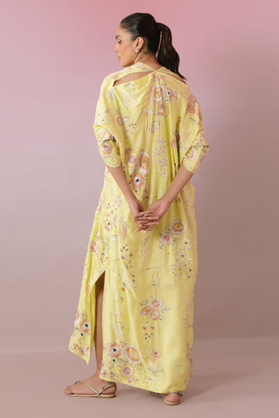 Misha Lakhani Butter yellow embroidered khadi silk kaftan MISHMAY26D444259