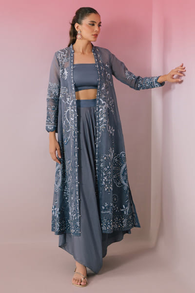 Misha Lakhani Slate grey zardozi embroidered jacket set MISHMAY26D444267
