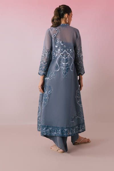 Misha Lakhani Slate grey zardozi embroidered jacket set MISHMAY26D444267