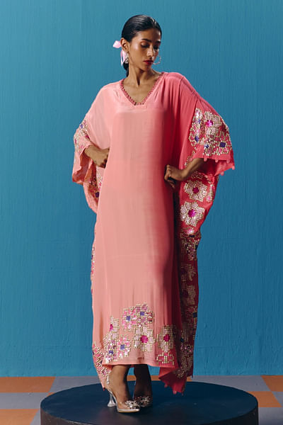 Peachy coral floral hand embroidered kaftan