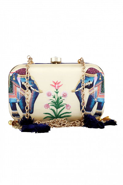 Printed clutch with tassels