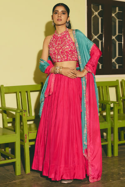 Rashika Mittal Pink and teal floral embroidered dupatta RASHJUN26D146560