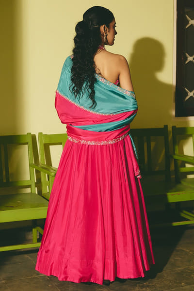 Rashika Mittal Pink and teal floral embroidered dupatta RASHJUN26D146560
