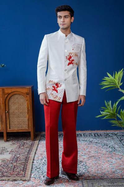 Off white botanical embroidered bandhgala