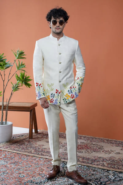 Off white floral embroidered bandhgala