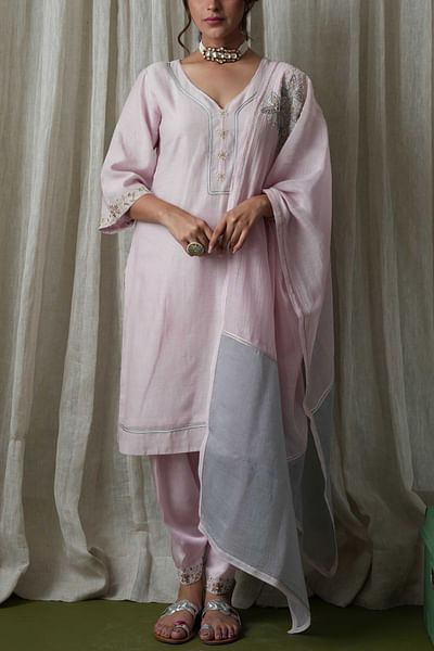 Pink floral embroidered kurta and salwar set