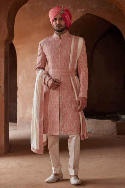 Coral resham embroidered sherwani set