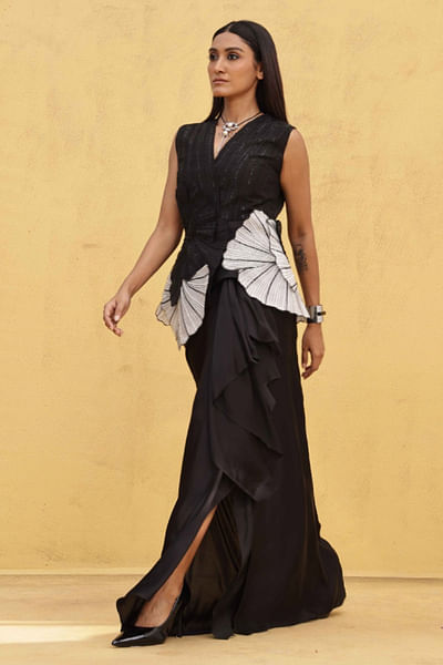 Black embroidered peplum and drape skirt set