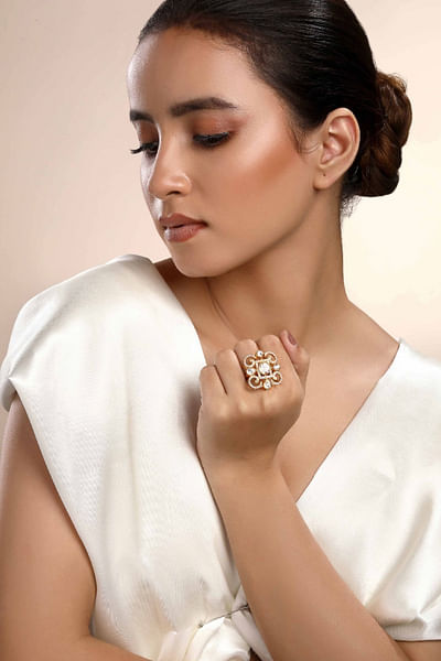 Gold moissanite polki and cubic zirconia ring