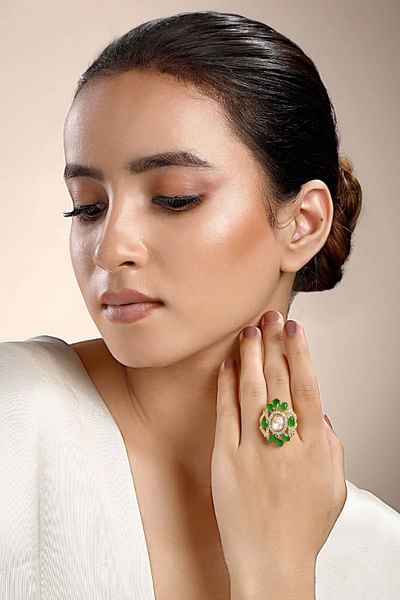 Green and gold moissanite and zirconia ring