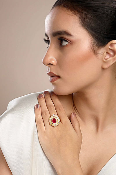 Gold and red moissanite and zirconia ring