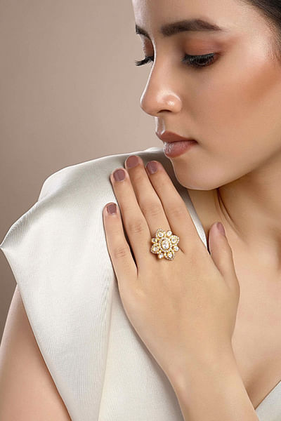 Gold cubic zirconia and moissanite polki ring