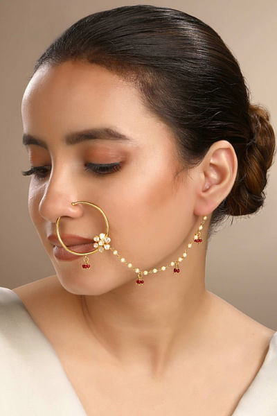 Gold and red moissanite extension nose ring