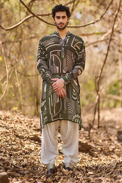 Olive geometric printed kurta set