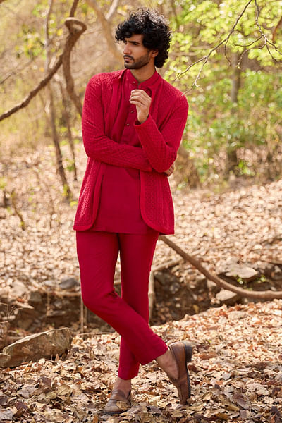 Crimson open-jacket and kurta set