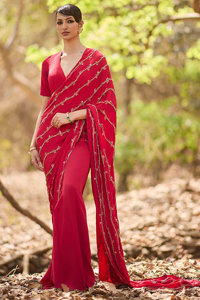Red hand embroidered pre-draped sari set