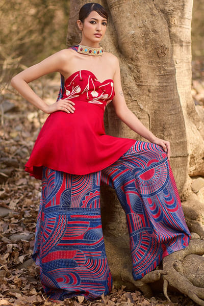 Red and blue geometric printed sharara set