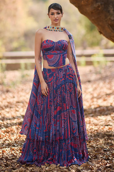 Indigo and red printed-layered lehenga set