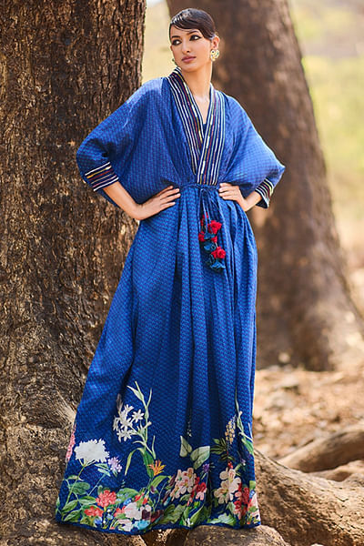 Blue floral printed and embroidered kaftan