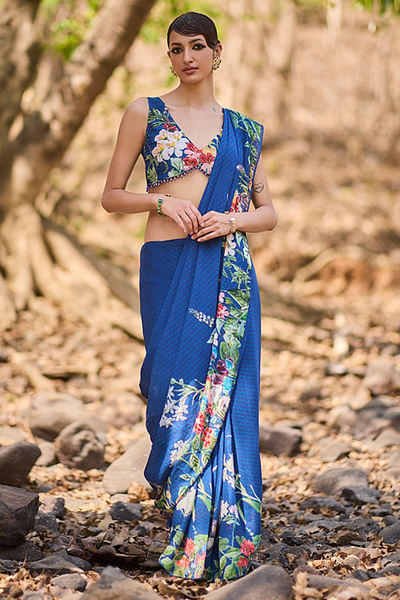 Blue floral printed and embroidered sari set
