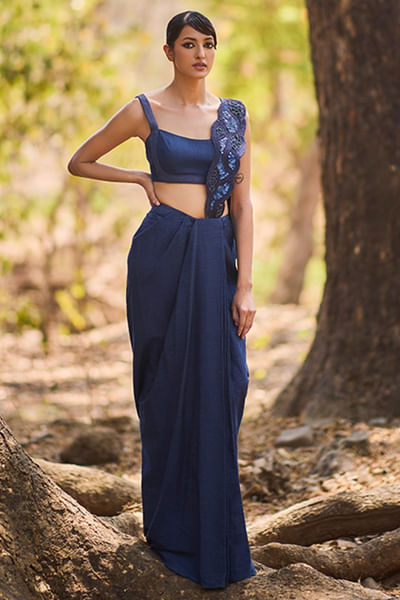 Blue embroidered pre-draped denim sari set