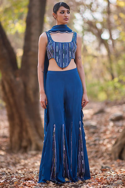 Blue hand embroidered corset and sharara set