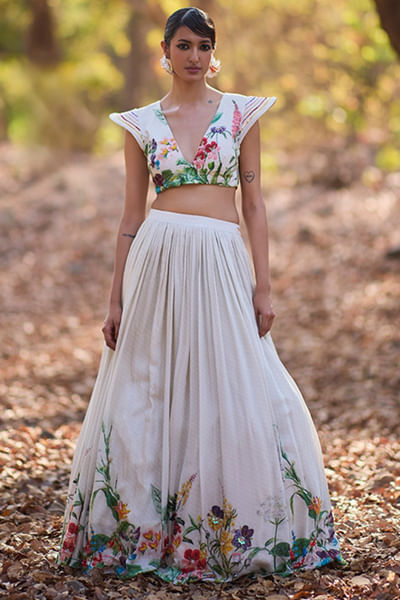 Ivory floral print embroidered lehenga set