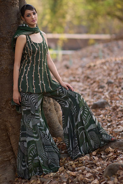 Olive green geometric printed sharara set
