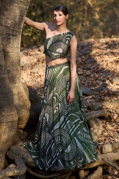 Olive green geometric printed lehenga set