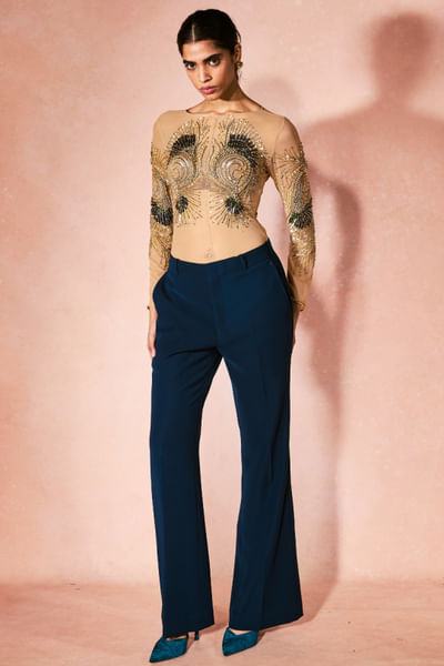 Blue and gold embroidered co-ord set