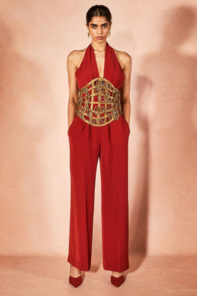 Orange gold corset belted halter-neck jumpsuit