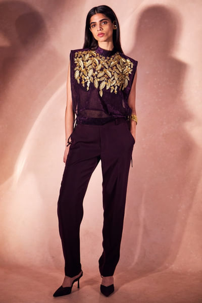 Purple and gold embroidered co-ord set