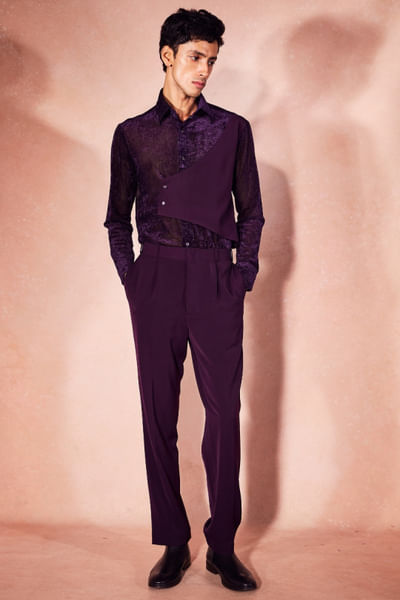 Purple asymmetric overlay shirt and pant set