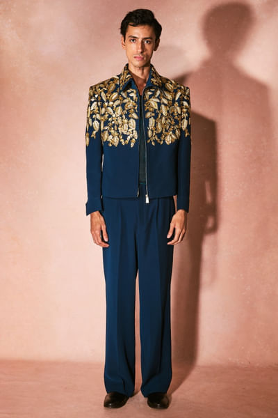 Midnight blue hand embroidered jacket set