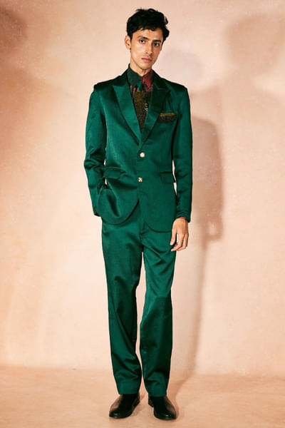 Emerald green satin blazer set