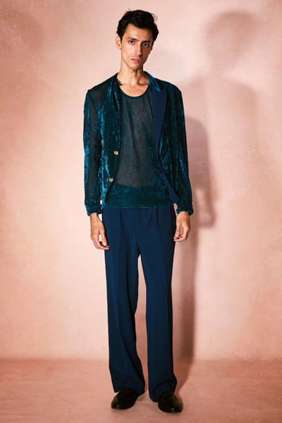 Midnight blue velvet blazer set