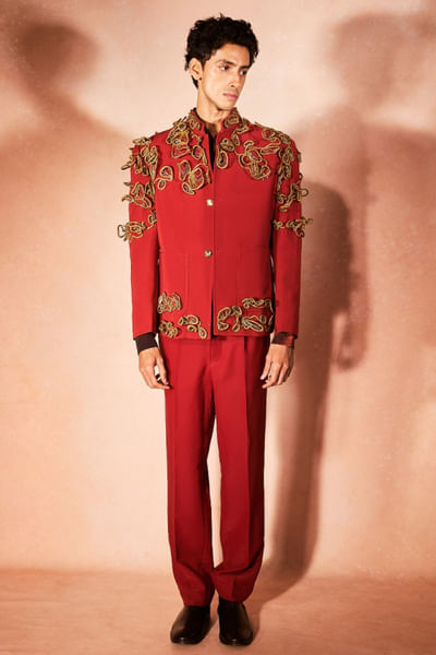 Orange 3D cord hand embroidered blazer set