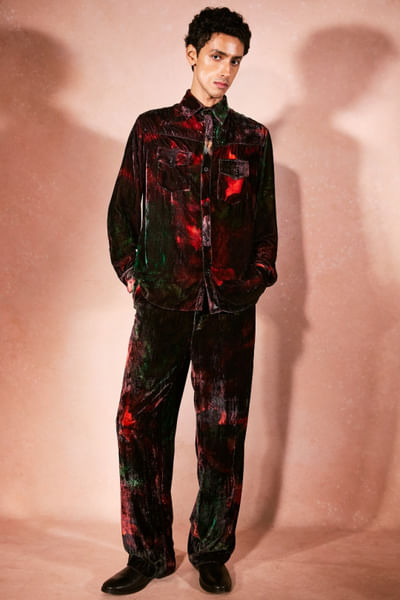Multicolour flame printed velvet co-ord set
