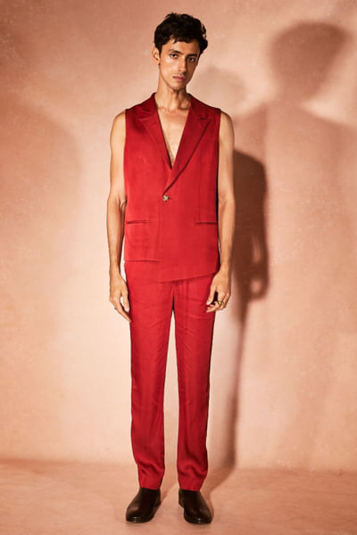 Flame orange modal satin vest and pant set