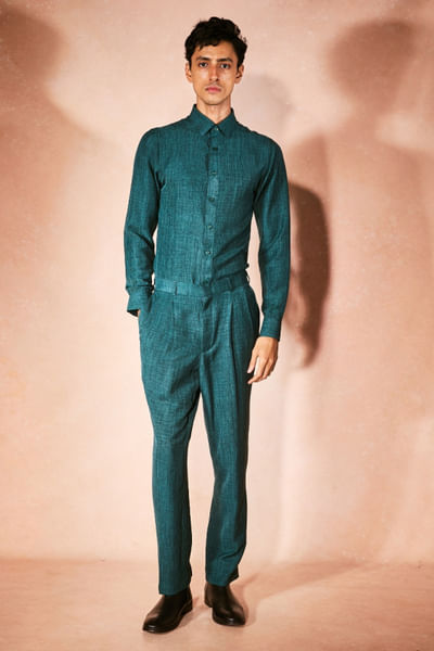 Teal green linen shirt and pant set