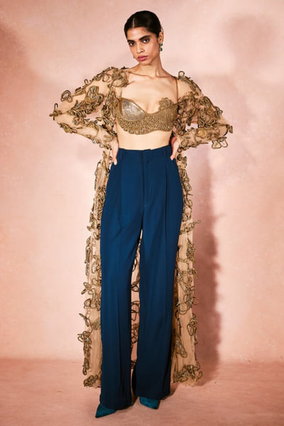 Gold 3D cord hand embroidered sheer shrug set